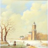 Raymond Campbell, oil on panel signed, Dutch winter scape 15cm x 15cm