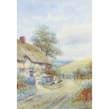 Harold Lawes, watercolour signed and inscribed "Near Gomshall Surrey", figures before a thatched