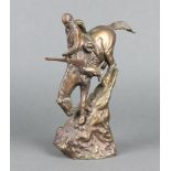 After Remington, a bronze figure of a mounted native American 22cm h x 10cm w x 6cm d