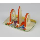 A Clarice Cliff Bizarre crocus pattern 3 bar toast rack with printed mark 12cm