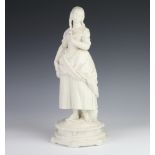 A Victorian Parian figure of a standing young lady holding a rose, raised on a circular base 35cm