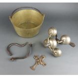 A 19th Century steel and iron 5 bell table bell together with a brass preserving pan with polished