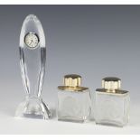 A Waterford Crystal timepiece 22cm, 2 modern Lalique clear glass scent bottles with gilt stoppers