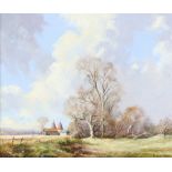 Richard Tearoe, oil on canvas signed, Kent landscape with oast houses 24cm x 29cm