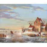 Raymond Campbell, oil on board, Dutch winterscape with ice skaters 24cm x 29cm