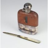 A silver plated mounted hip flask with cup base, a silver and tortoiseshell fruit knife