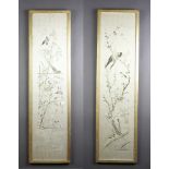 A pair of Chinese silk work embroideries of exotic birds amongst flowers 110cm x 28cm