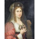 18th Century oil on canvas, unsigned, study of a young lady holding a posy of flowers 64cm x 50cm