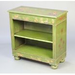 A 1920's style green lacquered chinoiserie style bookcase fitted a shelf, raised on bun feet 37cm