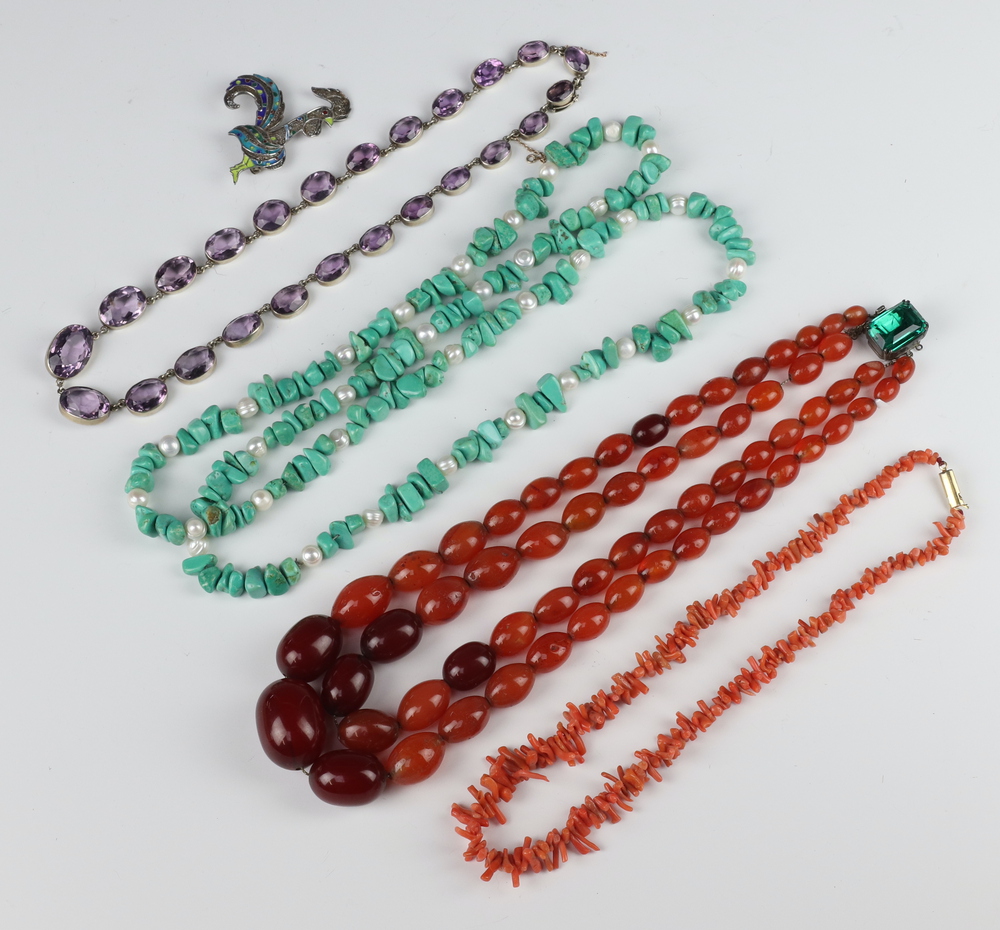 A turquoise and cultured pearl necklace 90cm, an agate double ditto, a coral necklace, an amethyst