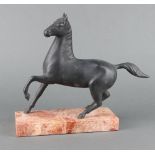 A Tang style bronze figure of a horse raised on a pink veined marble base 28cm x 24cm