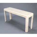 A rectangular Art Deco style marble effect side table raised on square supports 68cm h x 141cm w x