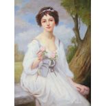J Russo, Victorian style oil on board, study of a young lady holding a rose 39cm h x 29cm