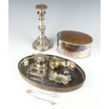 An oval silver plated biscuit box and minor plated wares