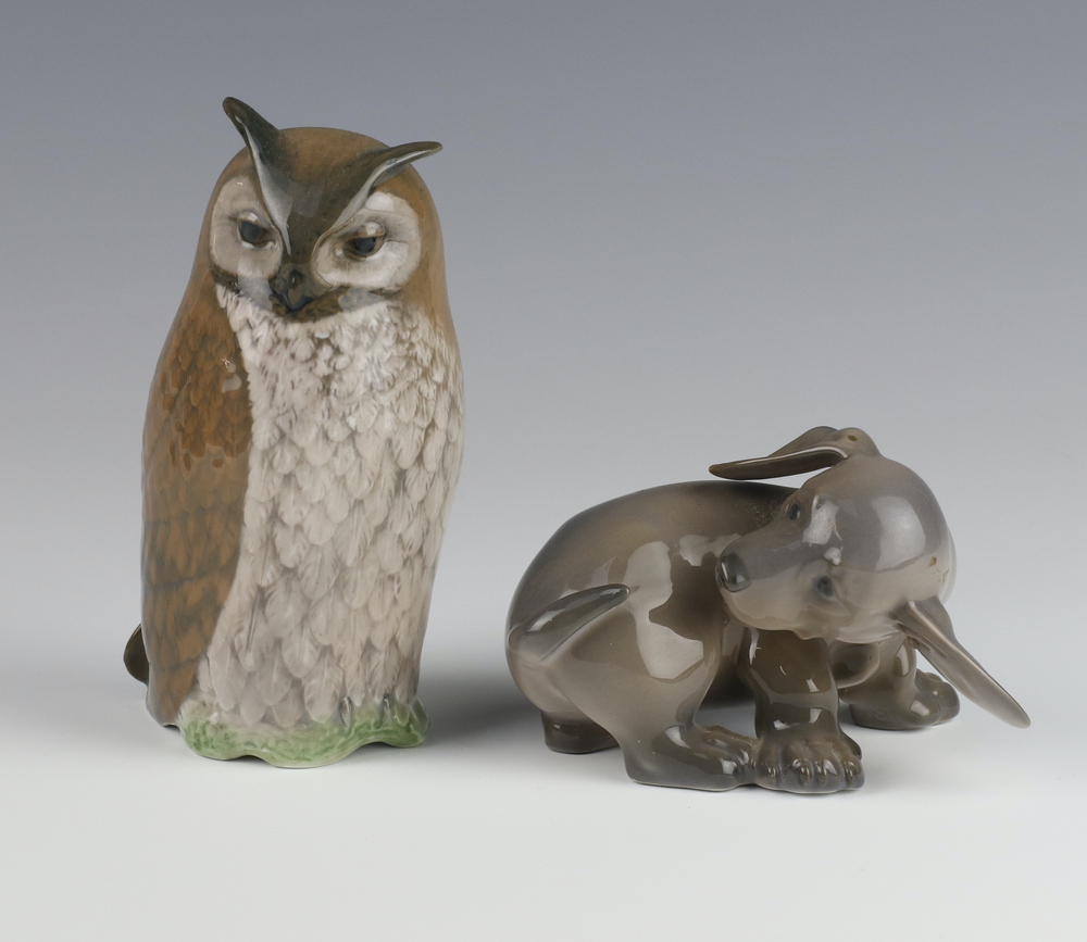 A Royal Copenhagen figure of an owl 14cm 2999, ditto of a puppy 8cm 1407