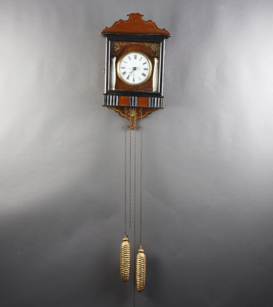 A 19th Century Continental wall clock with 10cm circular enamelled dial contained in a walnut case