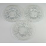 Three Art Deco opalescent ice dishes decorated with pine cones, with RD no 777133 17.5cm