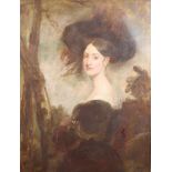 Oil on canvas unsigned, 19th Century portrait of a lady in a garden landscape 106cm x 80cm This