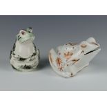 A Rye Pottery figure of a seated frog 12cm, an ochre frog money box by David Sharp 10cm