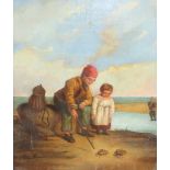 19th Century oil on panel, children on a beach playing with crabs, unsigned, 25cm x 22cm