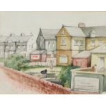20th Century watercolour indistinctly signed, a view of back gardens and figures 16cm x 20cm