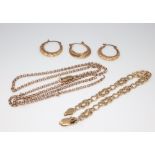 A 9ct yellow gold bracelet and minor 9ct gold jewellery including a chain (split) 16 grams