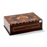 A GOOD QUALITY 19th CENTURY PORTUGESE INLAID NEEDLEWORK BOX inlaid with a central island view and