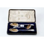 A VICTORIAN SILVER FOLIATE ENGRAVED AND EMBOSSED STRAWBERRY SET, comprising a pair of BERRY SPOONS,