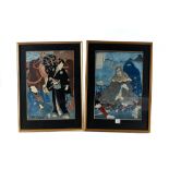 TWO JAPANESE WOODCUTS, ONE DEPICTING A SAMURAI WITH HIS ATTENDANT AND HORSE, CHARACTER MARK,