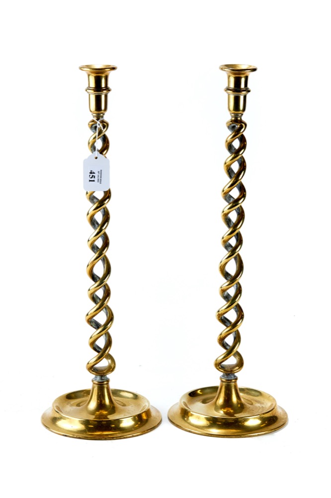 A LARGE PAIR OF LATE 19th CENTURY BRASS TAPERING OPEN BARLEY-TWIST CANDLESTICKS, approx 20" high.