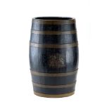 A GOOD 19th CENTURY OVAL COOPERED OAK AND BRASS BOUND GROG BARREL with polychrome Royal Coat of
