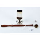 AN ELIZABETH II SILVER CONICAL CANDLE SNUFFER, flame finial, with turned wooden handle, maker DP,