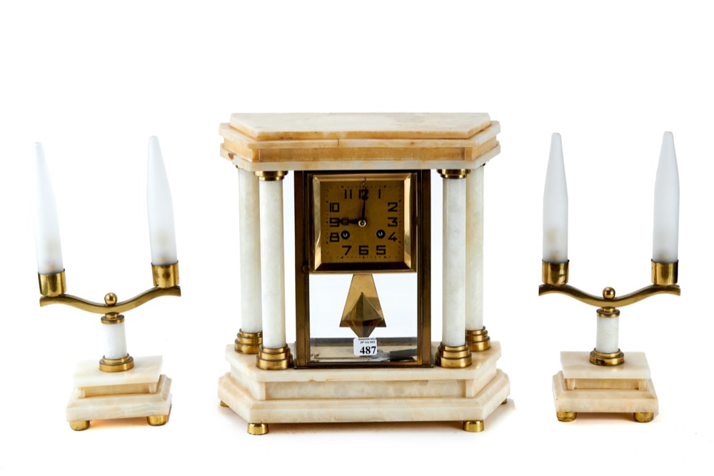 A 20th CENTURY FRENCH WHITE ONYX ART DECO PERIOD CLOCK GARNITURE,