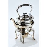 AN EDWARDIAN SILVER-PLATED SPIRIT KETTLE ON STAND, with ribbon and swag engraving,