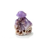 A CHINESE AMETHYST BOTTLE AND STOPPER, carved in form of a fruit with pierced root base,