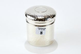 AN EDWARDIAN CIRCULAR SILVER SPOT-HAMMERED TOILET JAR AND COVER, maker A&J.Z.
