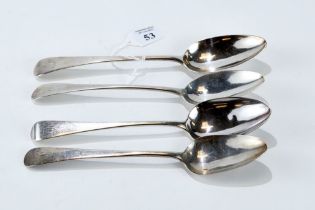 FOUR VARIOUS GEORGIAN SILVER TABLE SPOONS, various monograms and dates, approx 7 3/4 oz.
