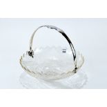 A 19th CENTURY DUTCH CIRCULAR FLORAL ENGRAVED GLASS FRUIT BASKET with engraved white metal handle,