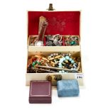 A BOX OF SUNDRY COSTUME JEWELLERY AND WATCHES.