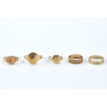 FIVE 9CT GOLD RINGS, approx 10.5 grams.