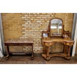 A VICTORIAN MAHOGANY AND SATIN BIRCH VENEERED DUCHESS DRESSING TABLE, arched centre mirror,