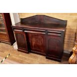 A VICTORIAN MAHOGANY SIDEBOARD, the galleried back above three moulded front frieze drawers,