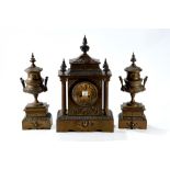 A LATE 19th / EARLY 20th CENTURY FRENCH BRASS CASED CLOCK GARNITURE,