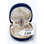 A 14K YELLOW GOLD NAVETTE RUBY AND MULTI DIAMOND RING, size S, approx 5.9 grams.