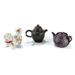 A SMALL CHINESE Y-HSING TEAPOT decorated with calligraphy, 4" high,