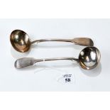 A PAIR OF VICTORIAN SILVER FIDDLE-PATTERN SAUCE LADLES, maker: RW, London 1844, approx 135 grams.