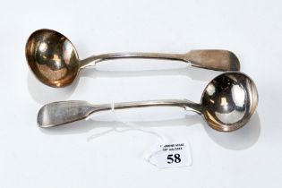 A PAIR OF VICTORIAN SILVER FIDDLE-PATTERN SAUCE LADLES, maker: RW, London 1844, approx 135 grams.