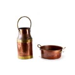 A 20th CENTURY CIRCULAR COPPER PRESERVING PAN with brass handles,