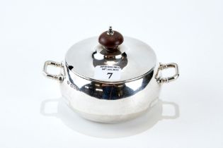 A GEORGE V SILVER DOUBLE-HANDLED PRESERVE POT AND COVER of compressed circular form,