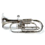 A SILVER PLATED OVERSIZED THREE-VALVE TRUMPET, 23" long with original carrying case.